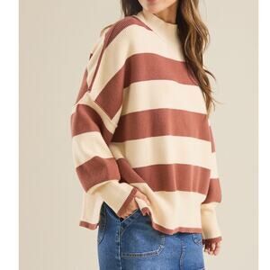 Altar'd State Brown Lydia Striped Mockneck Dolman Sleeve Oversized Soft Sweater